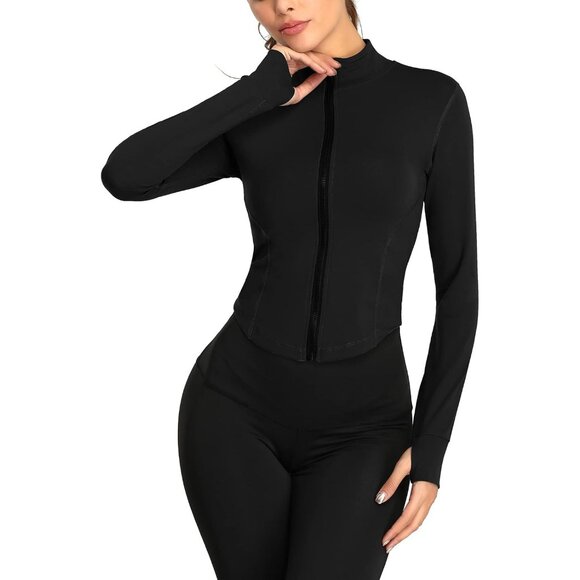 Feoya Womens Black Long Sleeves Athletic Tank Top Full Zip Up T shirt for Yoga - Picture 1 of 7